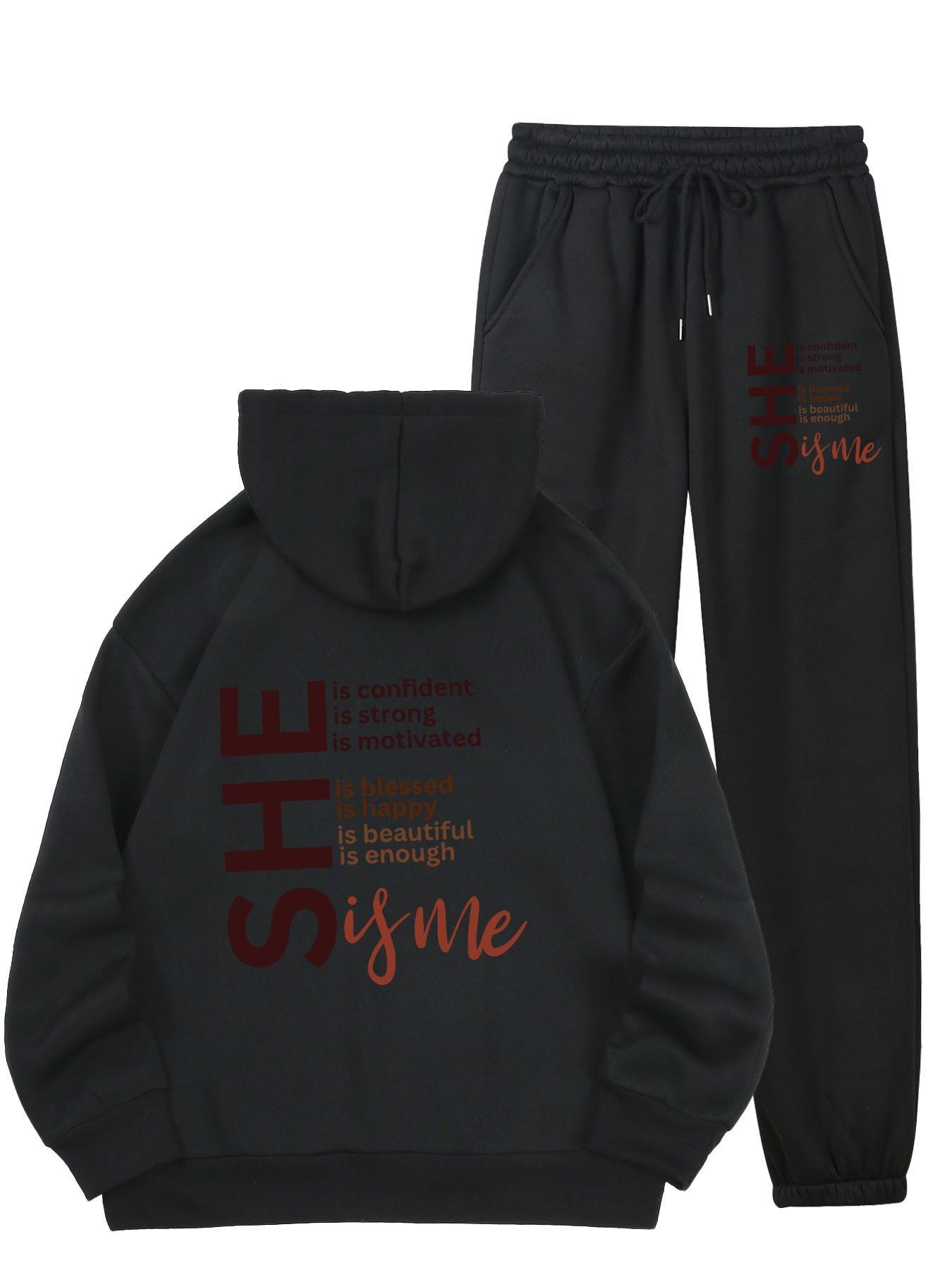 Cozy Fleece-Lined Women's Hoodie & Sweatpants Set with Letter Print - Machine Washable, Pocket Detail, Polyester